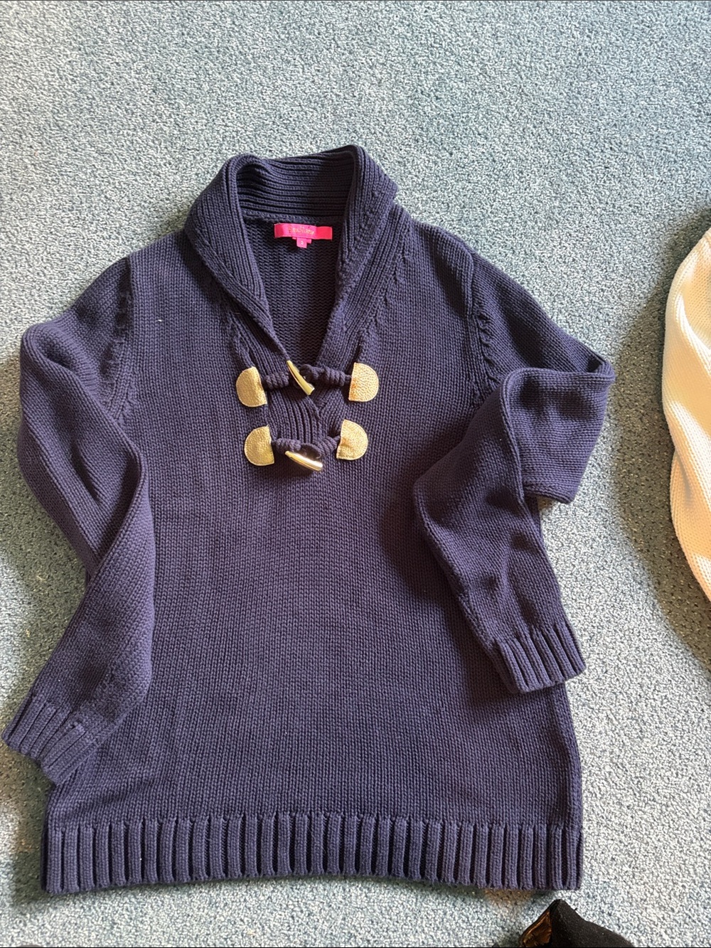 Lilly Pulitzer cotton toggle neck shawl collar sweaters. Navy